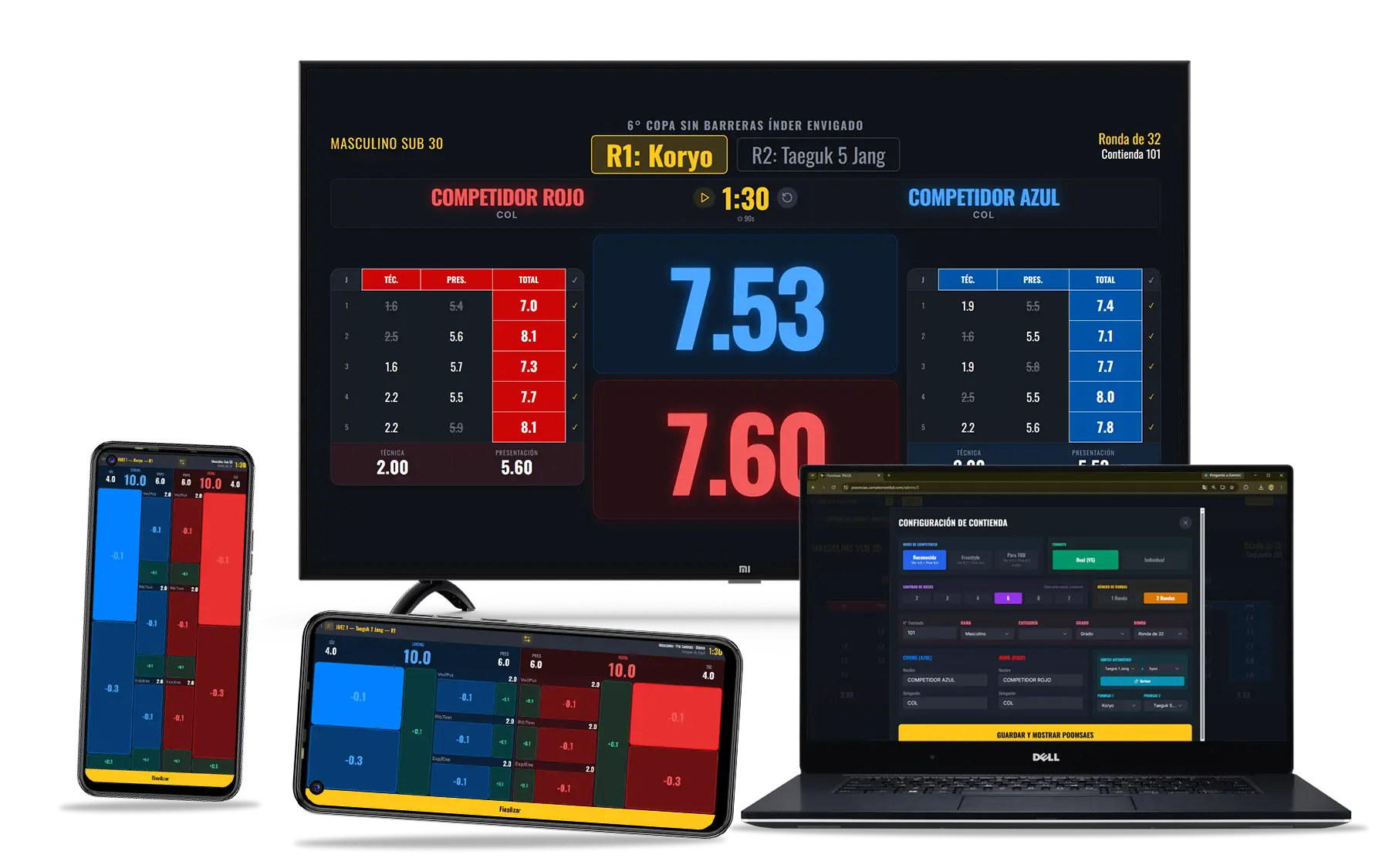Sistema Poomsae: mesa principal, pantalla de resultados y vista para jueces